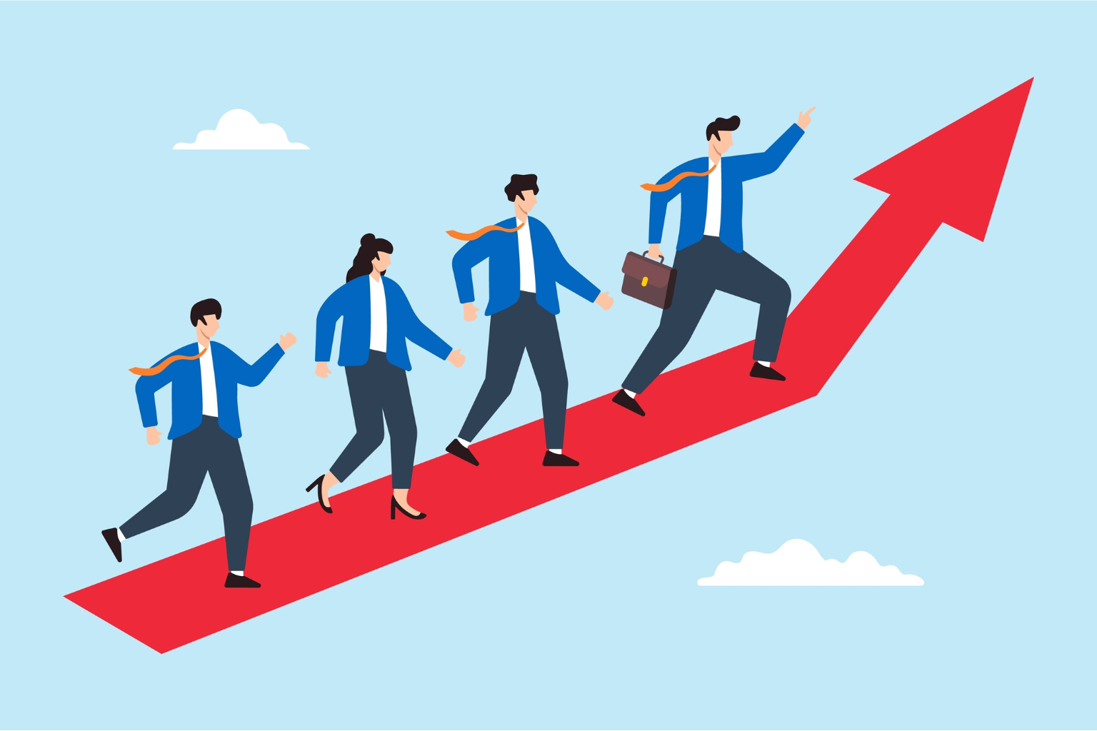 three team members moving towards the same goal